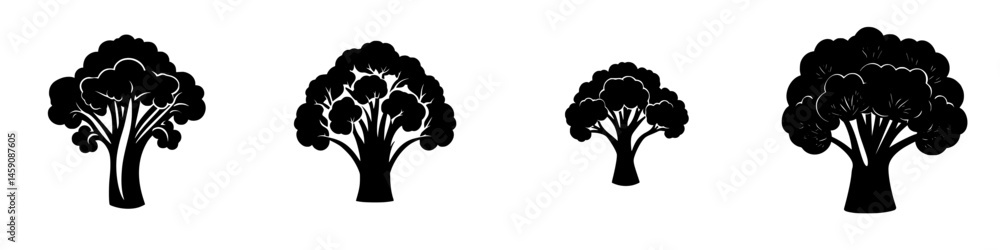 Poster stylized flat black tree icons representing various shapes and sizes for design elements or branding