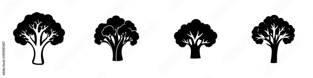 Poster various flat black tree icons designed for use in digital projects, emphasizing different shapes and