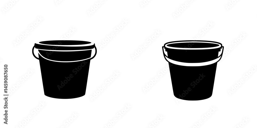 Poster flat black bucket icons displayed together, showcasing simple design and functionality, suitable for