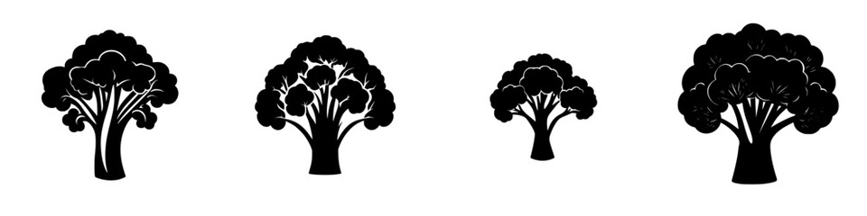 Stylized flat black tree icons representing various shapes and sizes for design elements or branding purposes