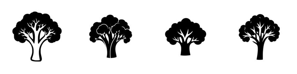 Various flat black tree icons designed for use in digital projects, emphasizing different shapes and styles for artistic versatility