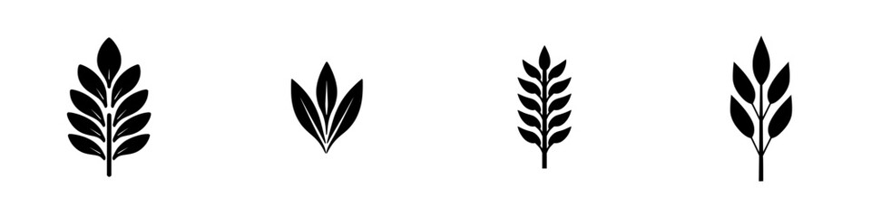 Black icons of various leaf shapes illustrating plant diversity in a minimalistic design for nature-themed projects