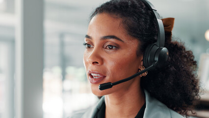 Call center, mic and woman with communication, contact us and CRM for customer service or help desk. Female consultant, conversation and headset with online support, advice or assistance for telecom