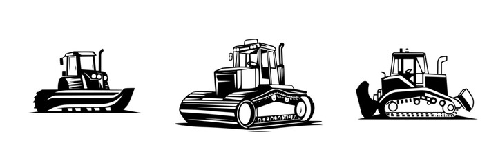 Collection of flat black icons depicting different types of construction vehicles for various tasks and terrains