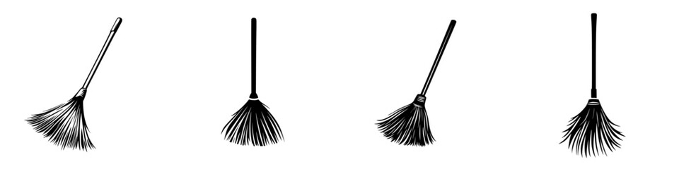 Flat black icon set depicting various broom designs with different bristle styles for cleaning applications