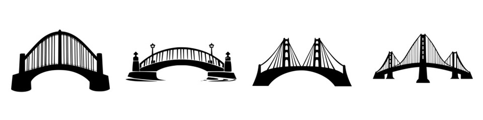 Various Flat Black Icons Depicting Different Bridge Designs and Styles for Graphic Use and Illustrative Purposes