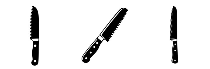 Black icons of various serrated knives designed for cutting and slicing food in culinary activities