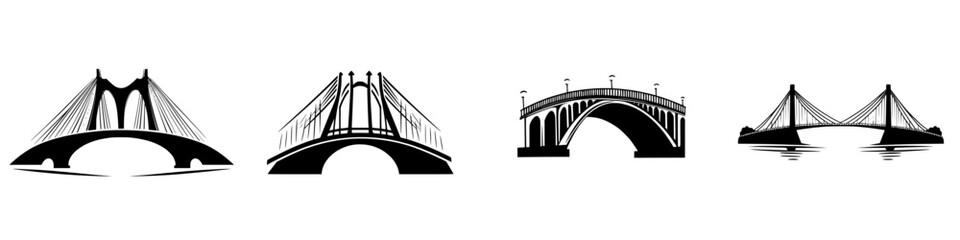 Four flat black bridge icons illustrating various architectural designs for engineering projects and visual graphics