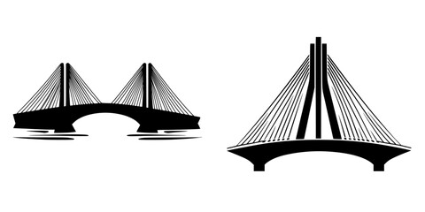 Black icon of a modern cable-stayed bridge designed in a flat style, highlighting its architectural beauty and structural elegance