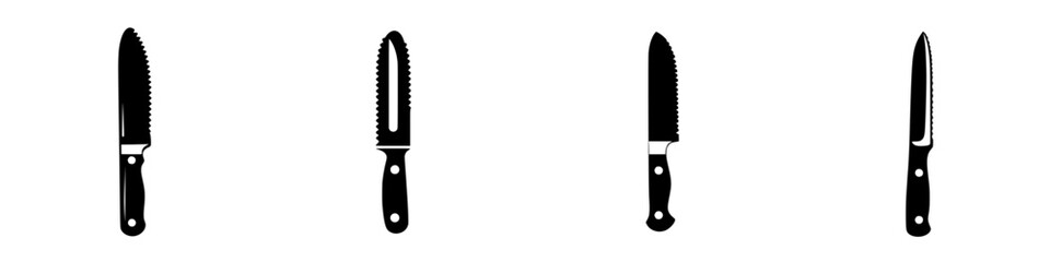 Collection of flat black knife icons showcasing various styles and designs for culinary use in kitchen graphics