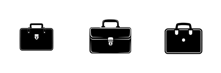 Flat black icons of briefcases representing business and professionalism in various styles and designs for modern applications
