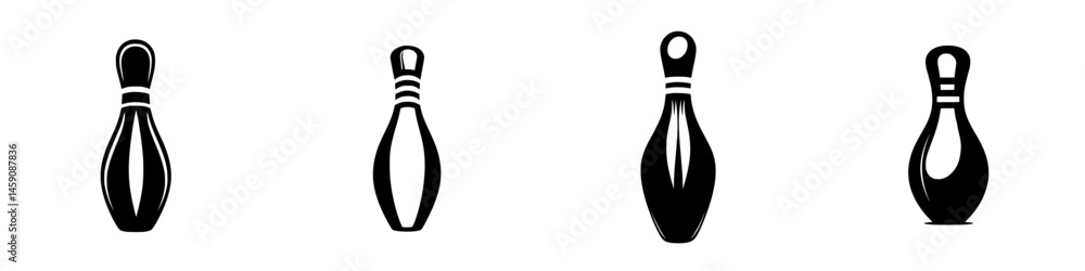 Poster various black bowling pin icons displaying flat designs in different orientations for graphic repres