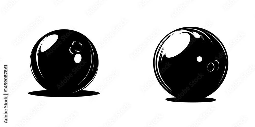 Poster flat black bowling ball icons representing different designs and angles for graphic use in bowling-r