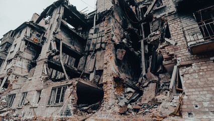 ruined street and destroyed houses in Ukraine