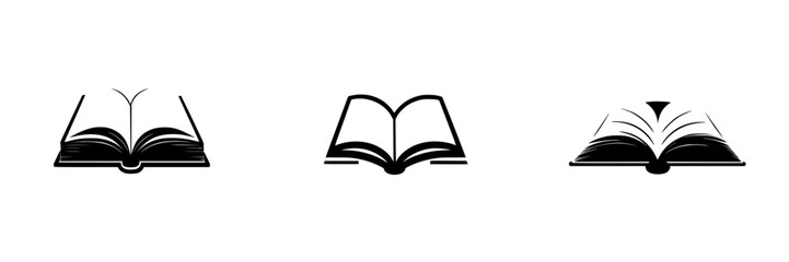 Flat black book icons representing different open book designs on a white background for educational and design purposes