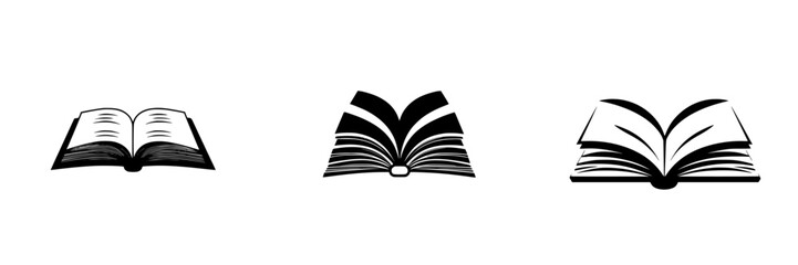 Flat black icons of different book styles for educational or publishing purposes