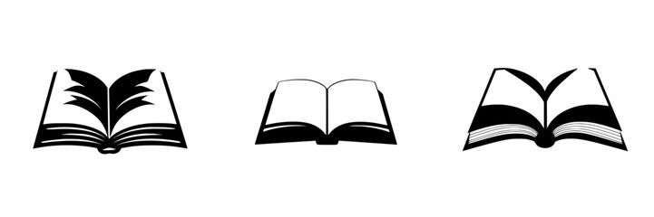Set of three flat black book icons depicting open and closed book designs for educational and creative use