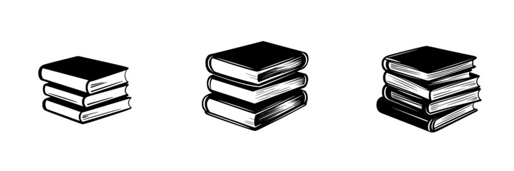 Black icon representing stacked books in three different arrangements showcasing a simple yet effective design for educational purposes