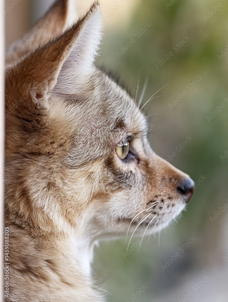 Aufkleber Profile view of a young, light brown tabby cat gazing intently out a window, its fur exhibiting a soft texture and subtle color variations. : Generative AI