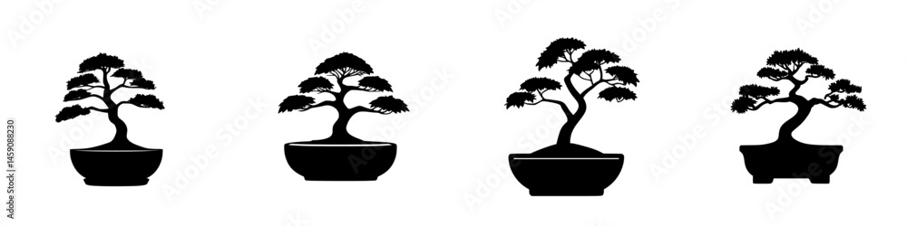 Aufkleber flat black icons of various bonsai trees representing different styles and shapes suitable for desig
