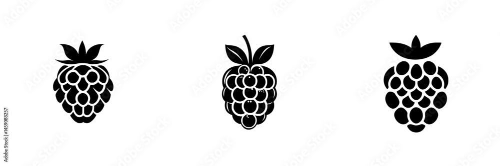 Poster flat black icons of different types of berries on a white background for use in digital design proje