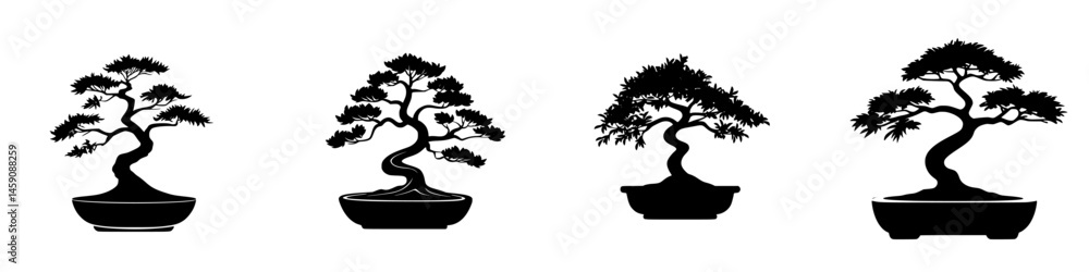 Poster elegant collection of flat black bonsai tree icons showcasing various styles and forms