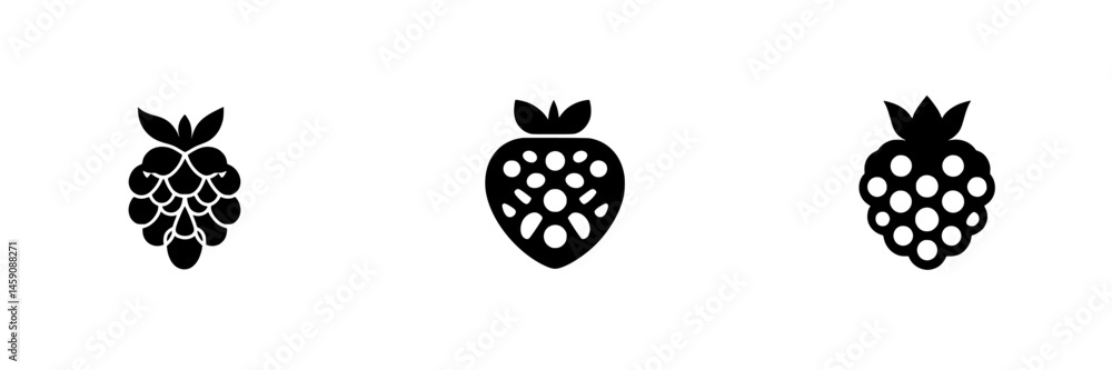 Poster flat black icons representing different types of berries against a white background suitable for var