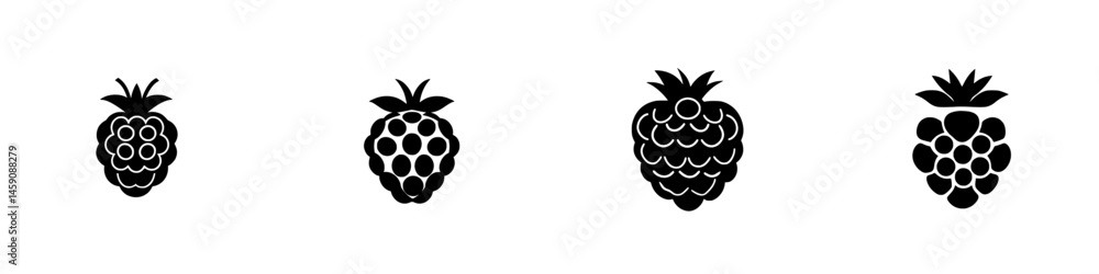 Poster flat black icons of various raspberry designs arranged in a row showcasing different styles and text