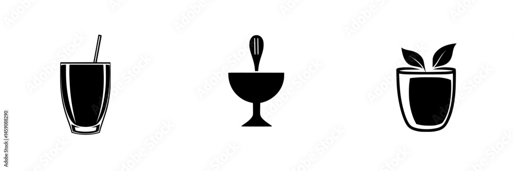 Poster simple flat black icons representing various beverage-related items suitable for graphic design and 