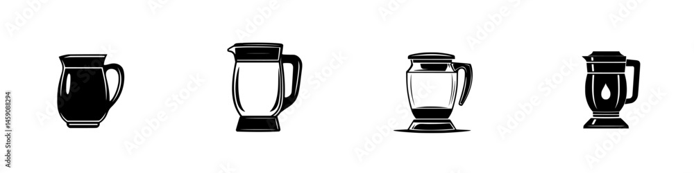 Poster collection of four flat black icons representing different types of kitchen pitchers and jugs in var