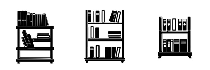 Black icons of various bookshelf designs showcasing different arrangements of books and files