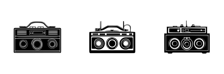 Classic flat black icons of vintage boomboxes showcasing retro design in a simple, minimalistic style