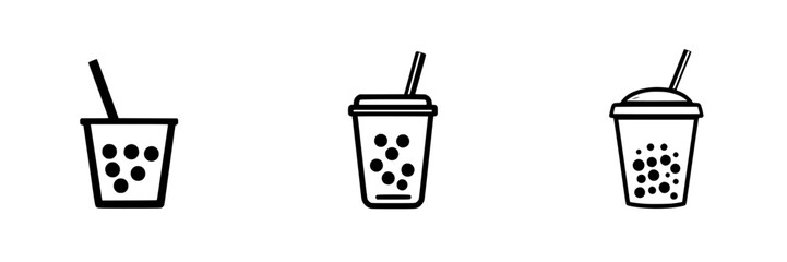 Cup icons depicting a drink with round tapioca pearls and straws in flat black style showcasing different container designs