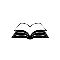 Open book icon in flat black style representing literature, education, or reading activities