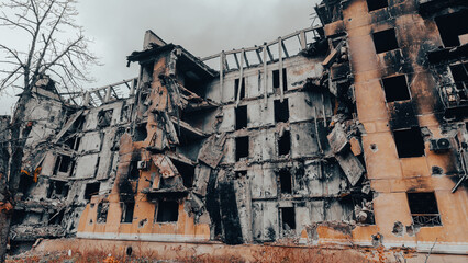 ruined street and destroyed houses in Ukraine
