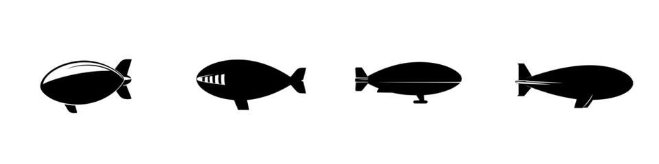 Flat black icons of various types of airships arranged in a row representing historical transportation designs © Антон Сальников