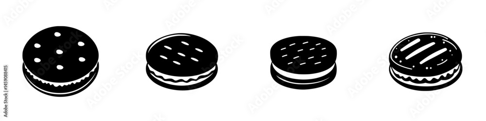 Poster flat black icons of assorted sandwich cookies with different designs on a plain background suitable 