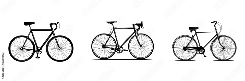 Poster various styles of bicycles represented as flat black icons showcasing different designs and features