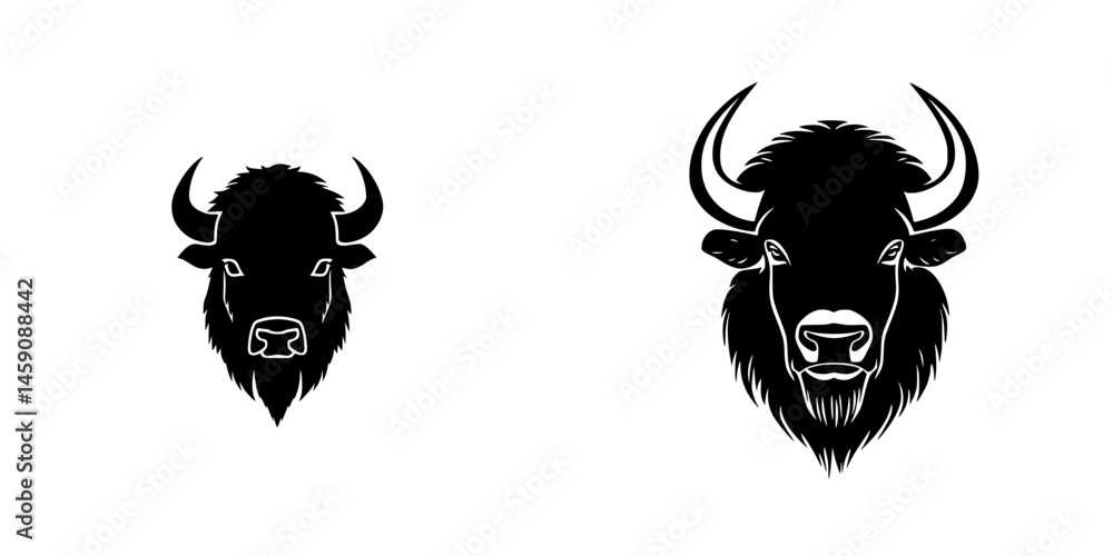 Poster detailed black icons of two distinct bison heads showcasing unique features and expressions against 