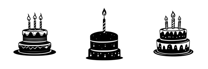 Flat black icons of various birthday cakes featuring candles and decorations for celebration-themed design elements