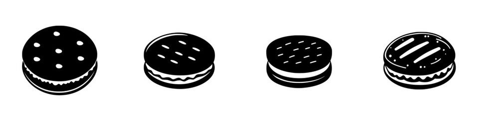 Flat black icons of assorted sandwich cookies with different designs on a plain background suitable for various applications