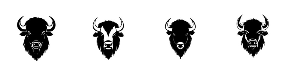 Flat black icons showcasing the diverse faces of bison in various styles and expressions for creative projects