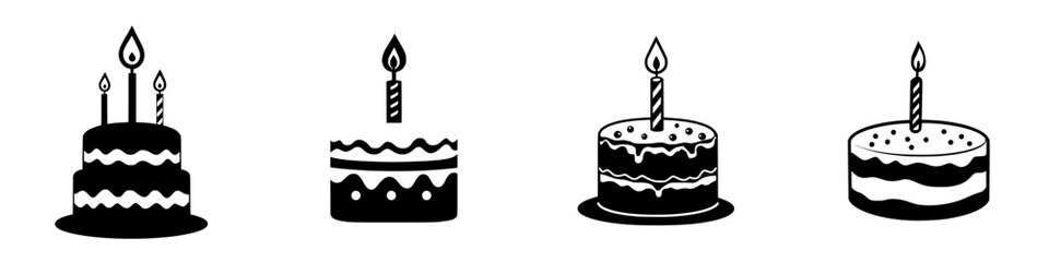 Four flat black icons of birthday cakes featuring candles and decorative frosting in a simple design