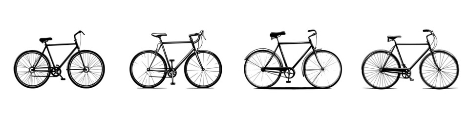 Flat black icons of various bicycle designs showcasing simplicity and elegance for diverse uses in graphic design and illustrations