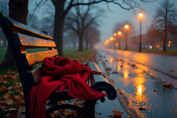 Rainy Autumn Evening in the City Park with Red Scarf on Wet Bench and Fallen Leaves