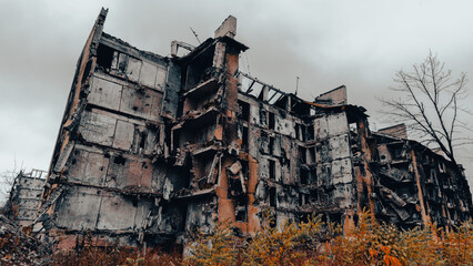 ruined street and destroyed houses in Ukraine