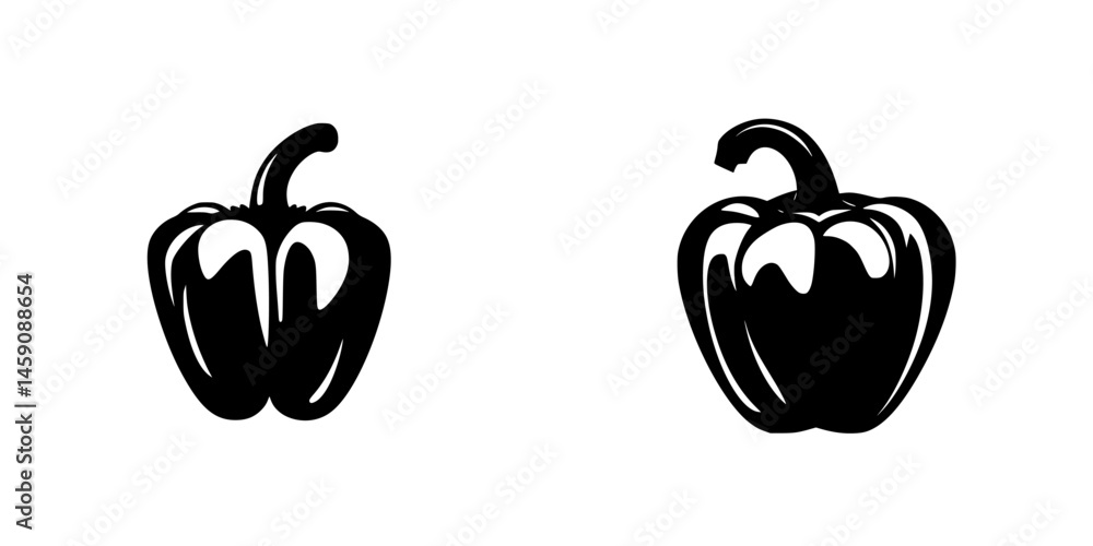 Poster flat black icons of bell peppers showcasing distinct shapes and styles for digital use in design or 