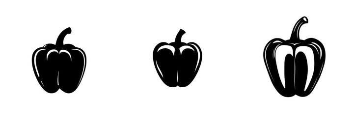 Black icons of bell peppers showcasing three different shapes and perspectives for graphic design or culinary themes