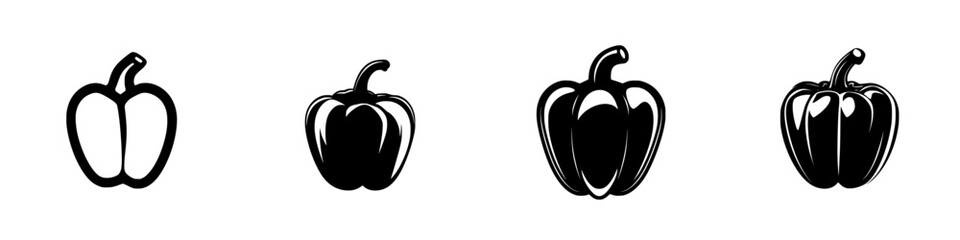 Flat black icons of bell peppers displayed in various shapes against a white background