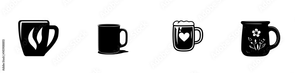 Poster black icon collection featuring various cup designs showcasing different styles and patterns suitabl